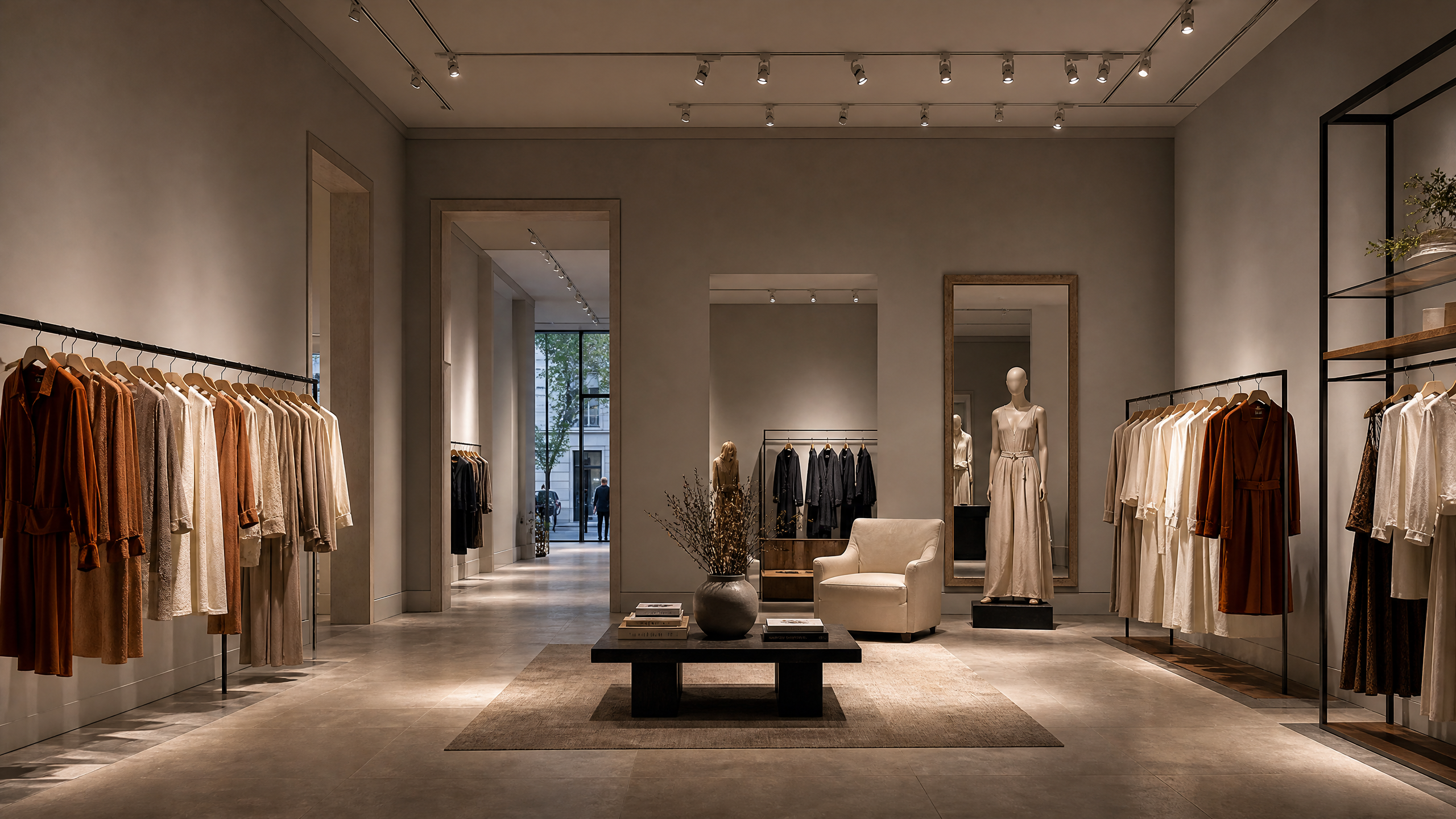 Professional LED track lighting in a European fashion boutique