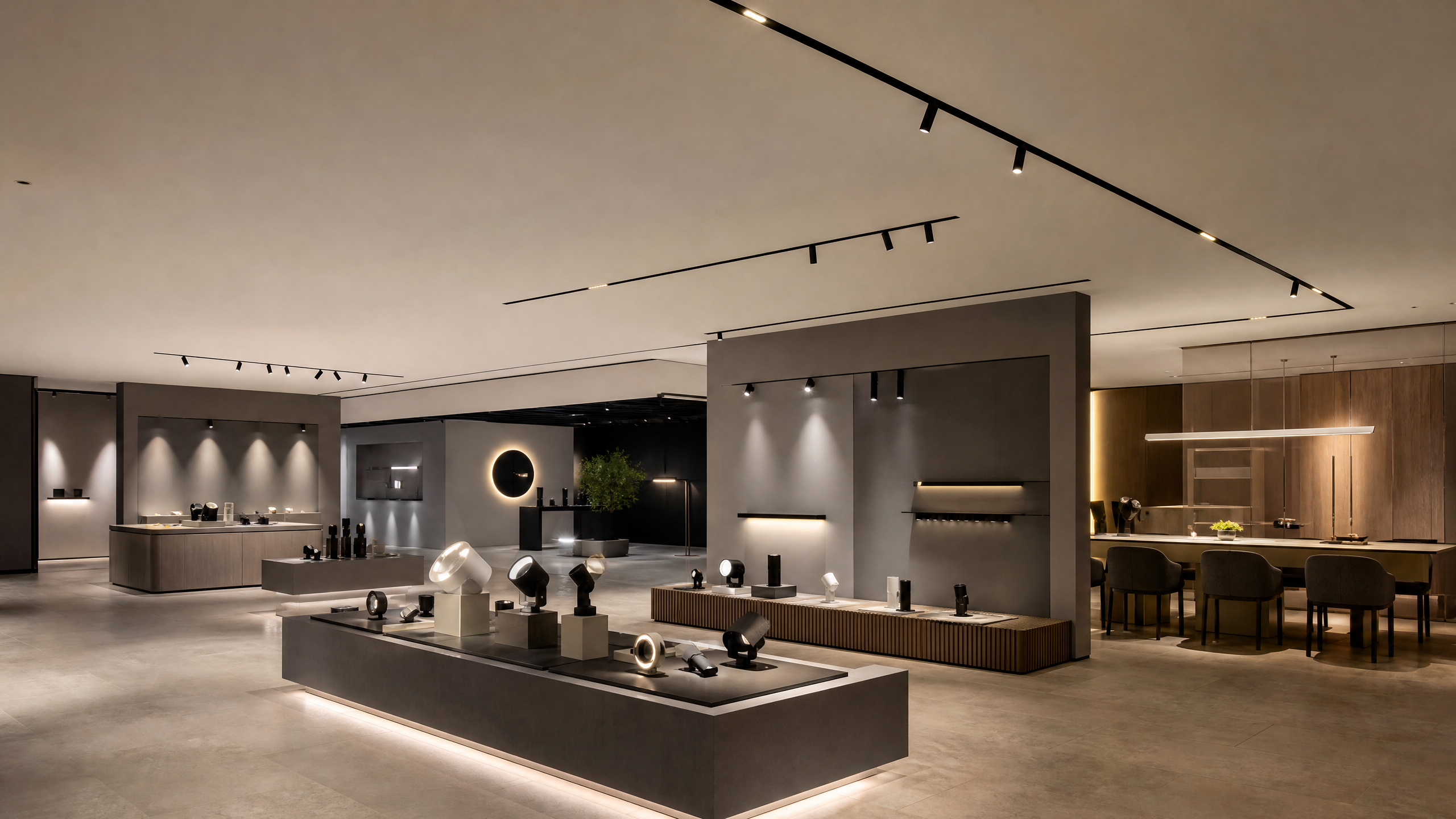 Magnetic track lighting system illuminating a modern multi-zone commercial interior