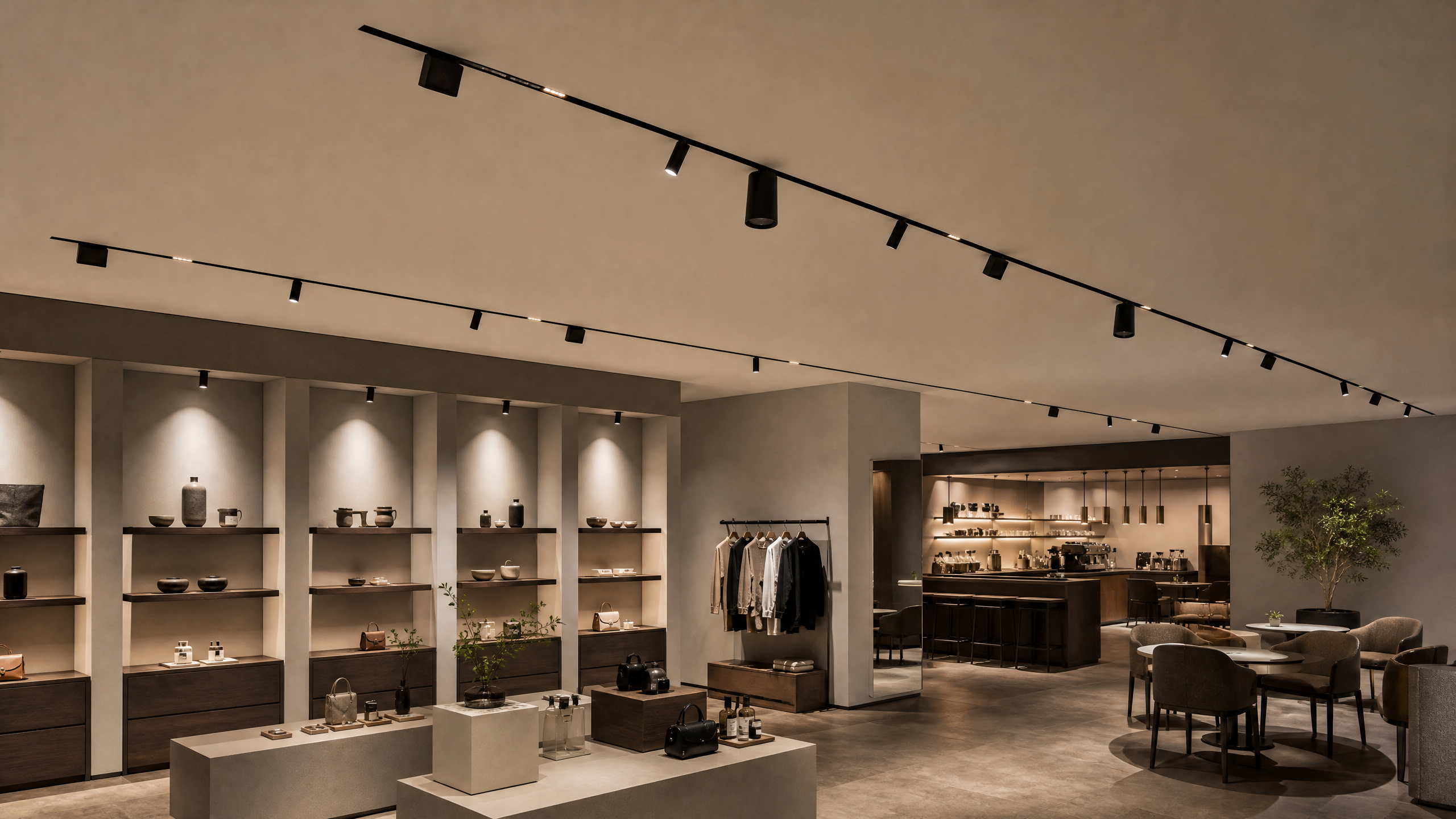 Magnetic track speakers integrated with a ceiling rail in a modern retail and hospitality interior