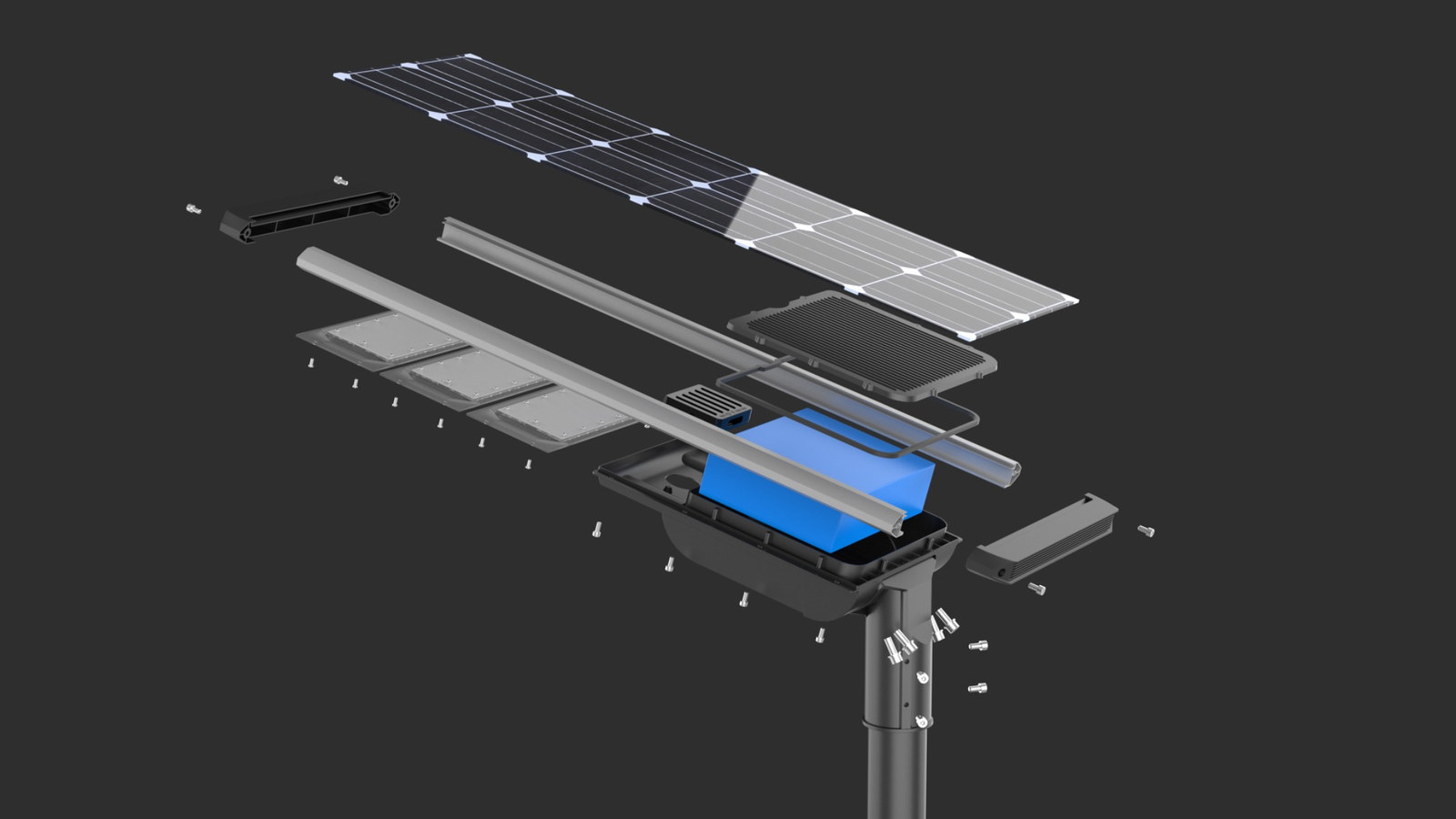 FX Series exploded assembly view FX Series solar street light exploded assembly view with battery and LED modules