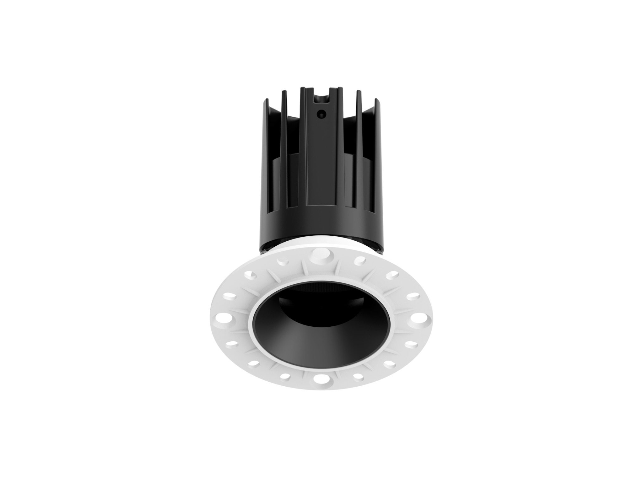 Bottom view of modular recessed LED spotlight showing reflector and trim